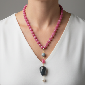 Collana Giada Rosa Ciondolo Labradorite Perla Naturale Giada Argento