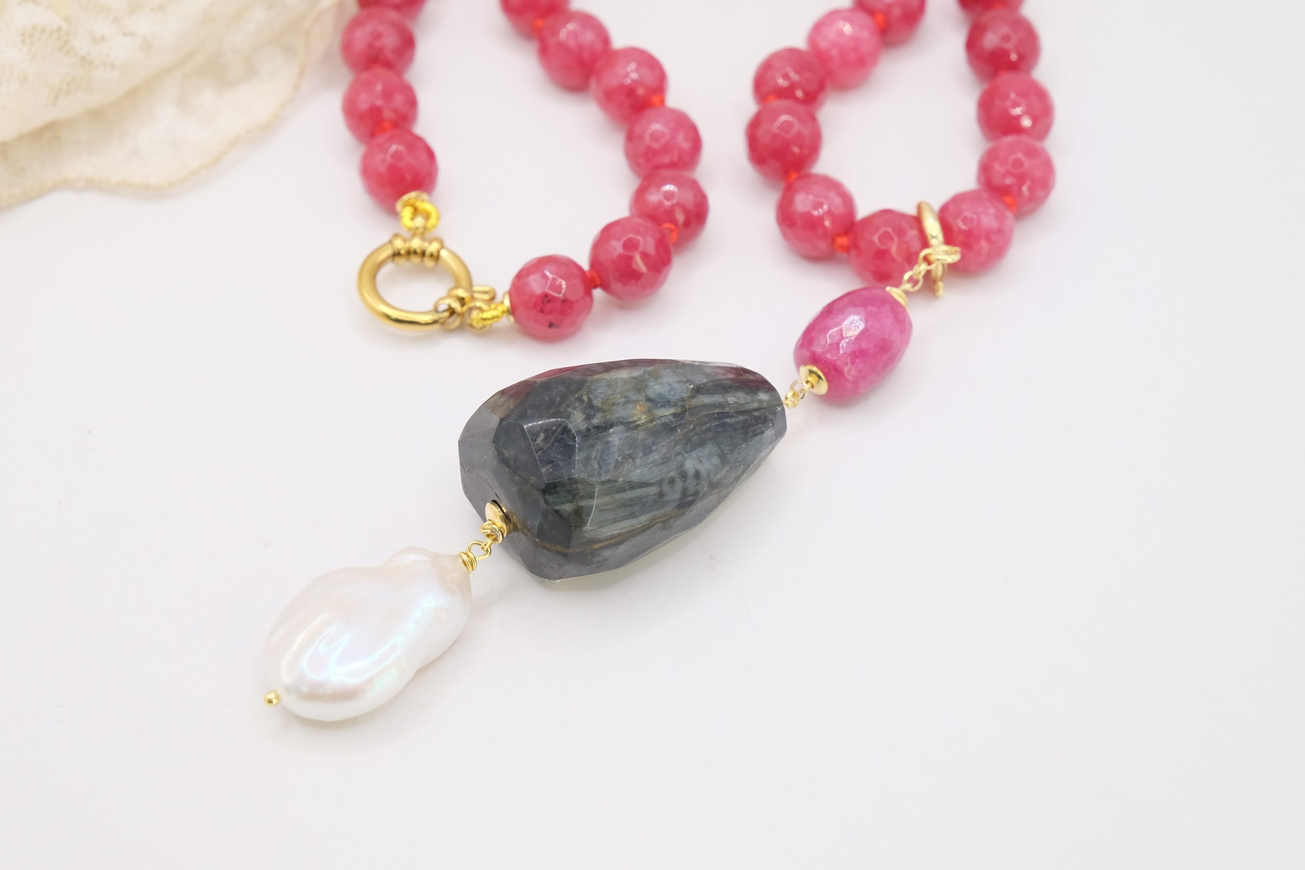 COLLANA GIADA ROSA INTENSO CIONDOLO STACCABILE PERLA LABRADORITE BORGOGNA (1)