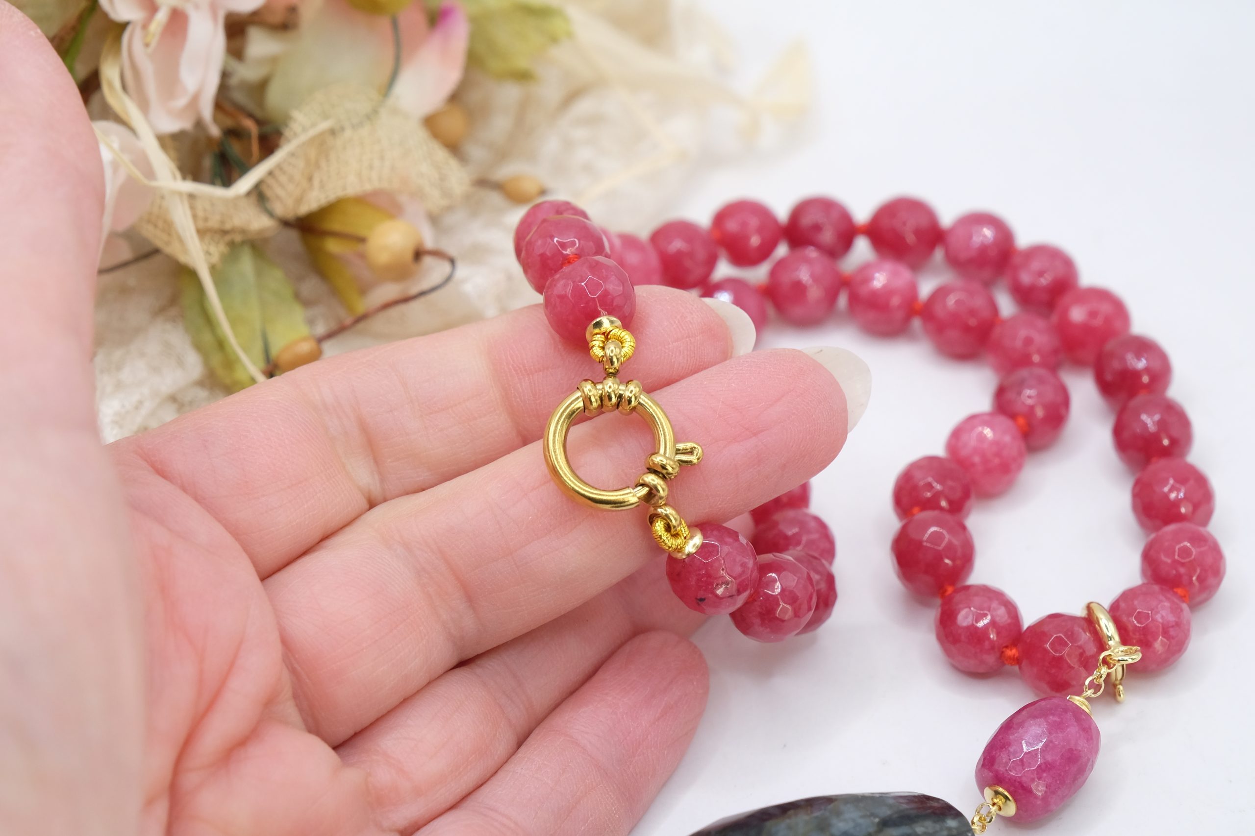 COLLANA GIADA ROSA INTENSO CIONDOLO STACCABILE PERLA LABRADORITE BORGOGNA (2)