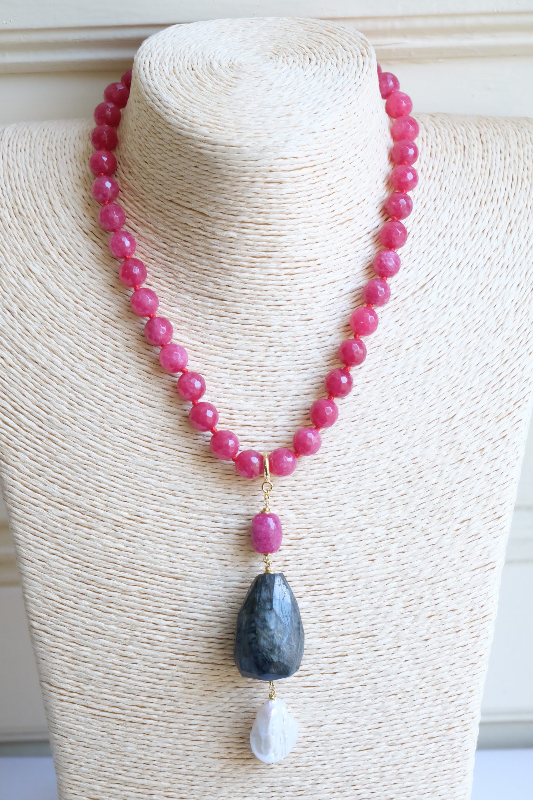 COLLANA GIADA ROSA INTENSO CIONDOLO STACCABILE PERLA LABRADORITE BORGOGNA (3)