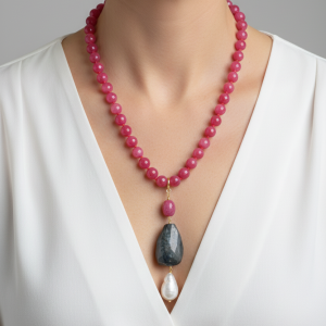 Collana Giada Rosa Intenso Ciondolo Labradorite Perla Naturale Giada Argento