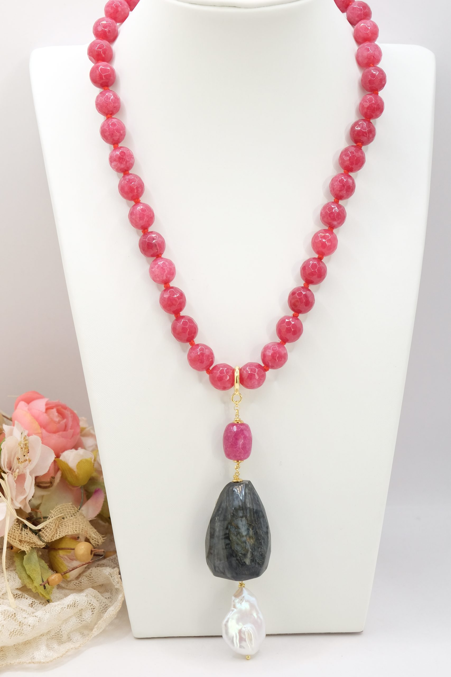 COLLANA GIADA ROSA INTENSO CIONDOLO STACCABILE PERLA LABRADORITE BORGOGNA (4)