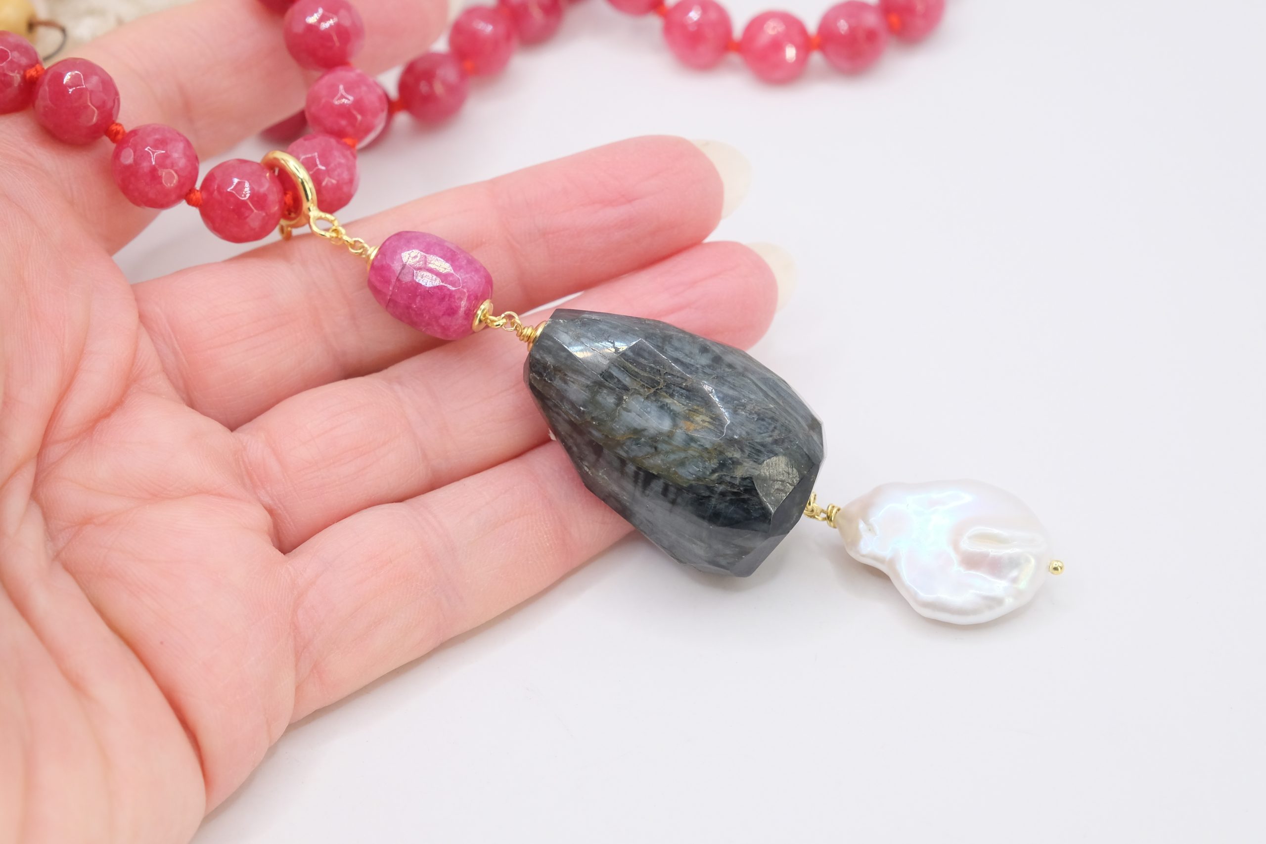 COLLANA GIADA ROSA INTENSO CIONDOLO STACCABILE PERLA LABRADORITE BORGOGNA (5)