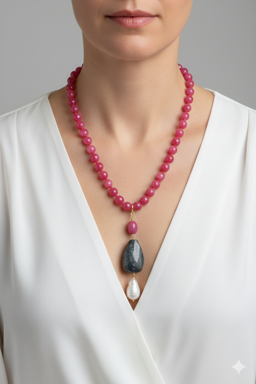 COLLANA GIADA ROSA INTENSO CIONDOLO STACCABILE PERLA LABRADORITE BORGOGNA