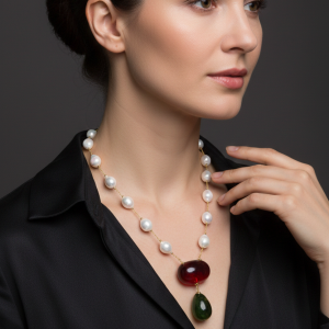 Collana Lariat a Y Perle Naturali Ambra Verde e Rosso Argento 925