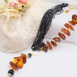 Collana Multifilo Lariat a Y Zirconi Neri Ambra del Baltico Argento 925