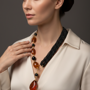 Collana Multifilo Lariat a Y Zirconi Neri Ambra del Baltico Onice Argento 925