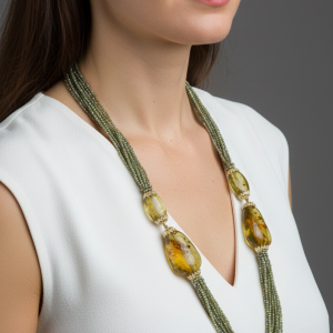 Collana Multifilo Zirconi Verde Top Quality Ambra Verde Argento Lunga