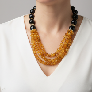 Collana Multifilo Atigianale Ambra Baltica Onice Argento 925