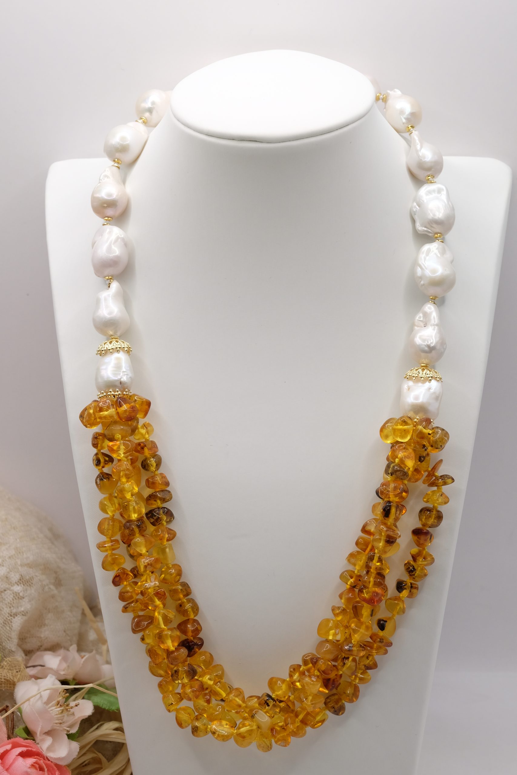 COLLANA MULTIFILO ARTIGIANALE PERLE AMBRA ARGENTO 925 PLACCATO ORO (2)