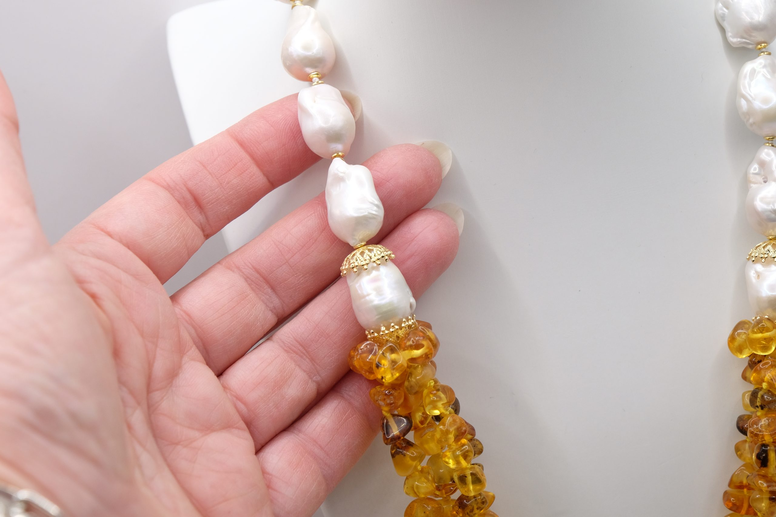 COLLANA MULTIFILO ARTIGIANALE PERLE AMBRA ARGENTO 925 PLACCATO ORO (4)