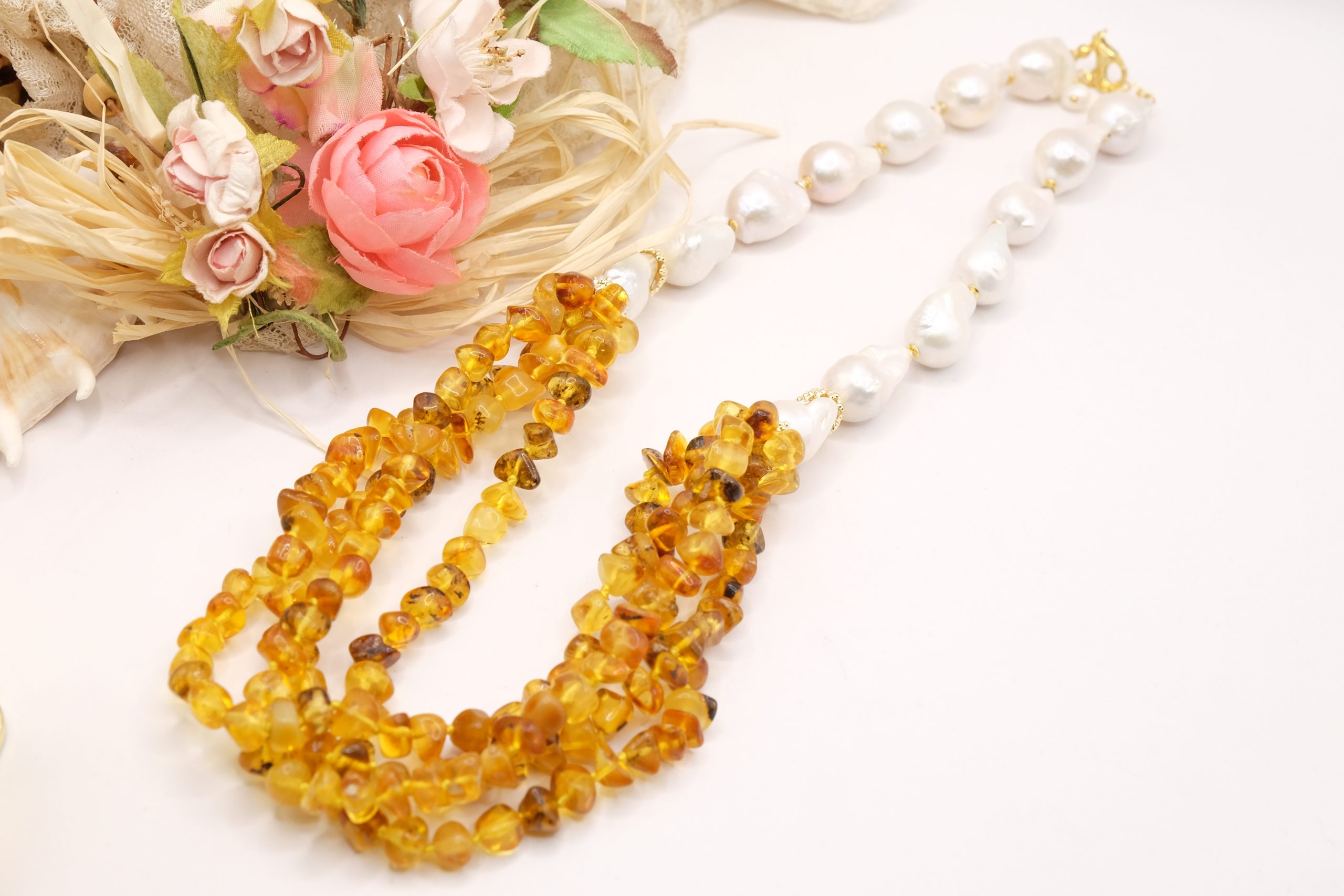 COLLANA MULTIFILO ARTIGIANALE PERLE AMBRA ARGENTO 925 PLACCATO ORO (5)