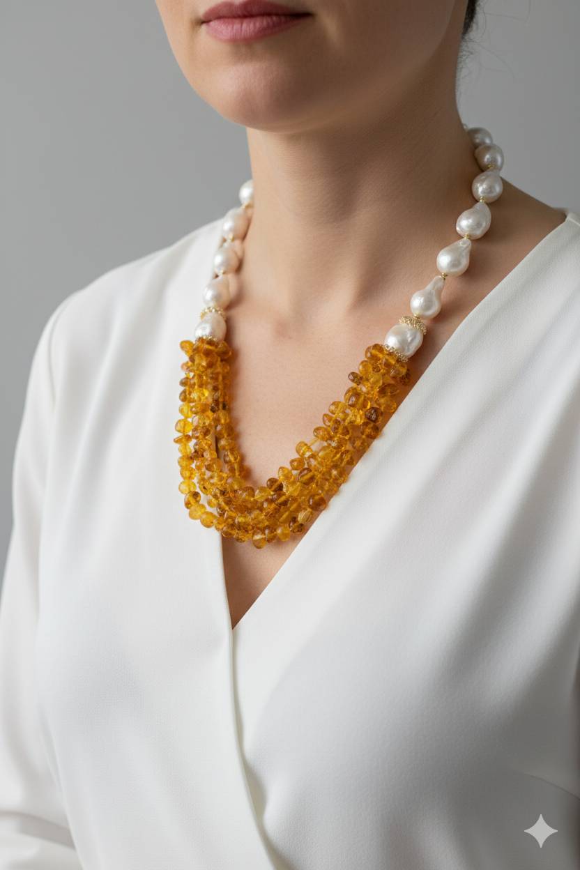 COLLANA MULTIFILO ARTIGIANALE PERLE AMBRA ARGENTO 925 PLACCATO ORO