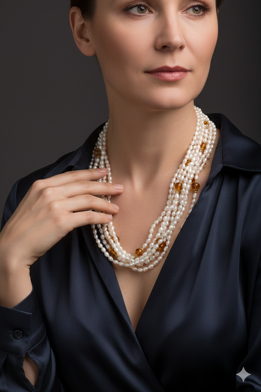 Handcrafted multi-strand necklace with pearls, amber and silver