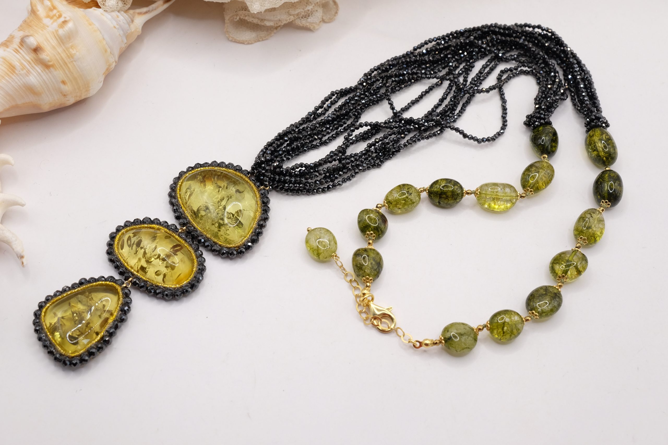 MULTI-STRAND NECKLACE ZIRCONIA BALTIC AMBER GREEN GOLD SILVER ARTISAN SAUTACHE (6)