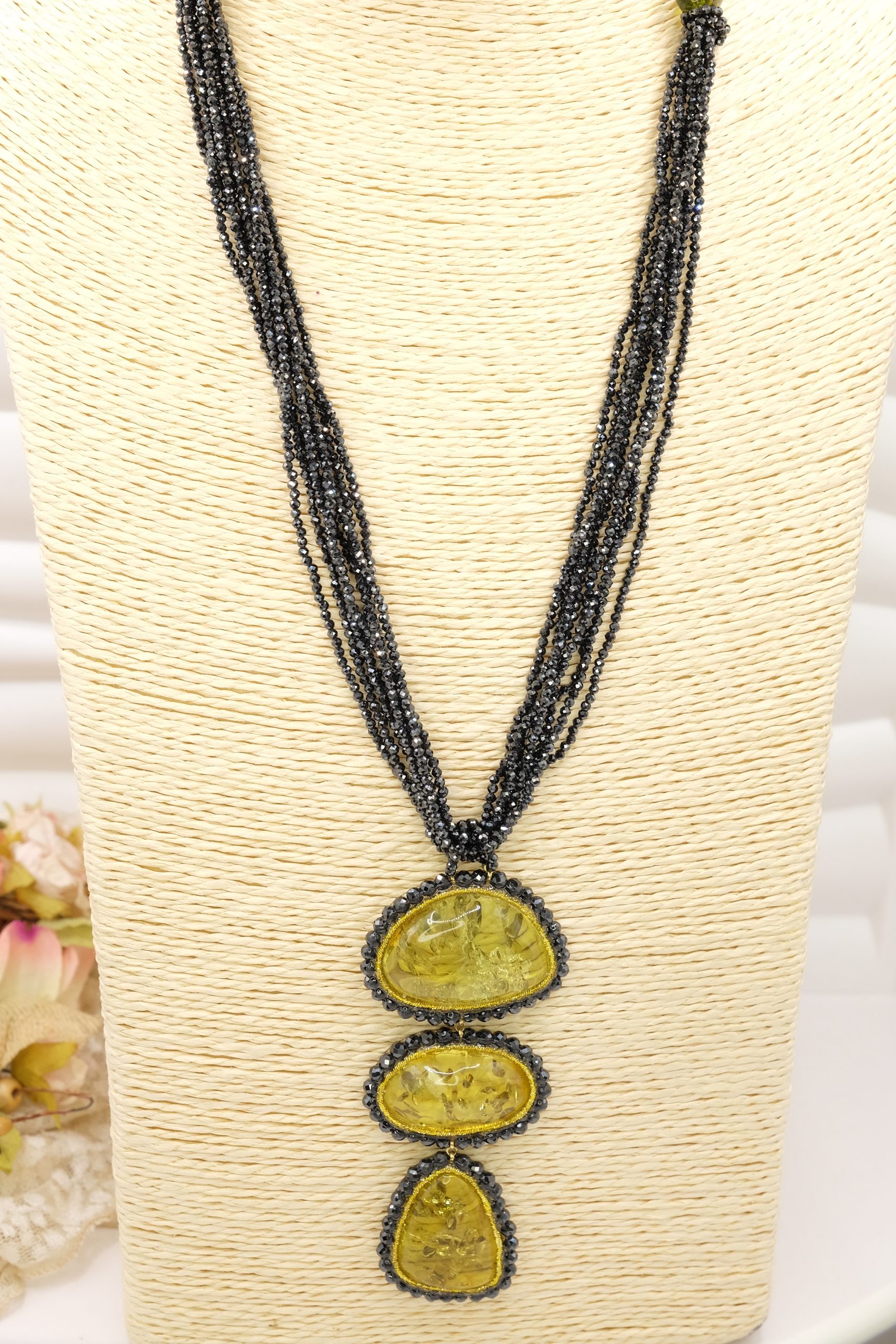 MULTI-STRAND NECKLACE WITH ZIRCONIA FROM BALTIC AMBER, GREEN, GOLD-PLATED SILVER, HANDCRAFTED SAUTACHE (7)