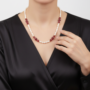 Collana Artigianale Perle Riso Giada Borgogna Argento Dorato