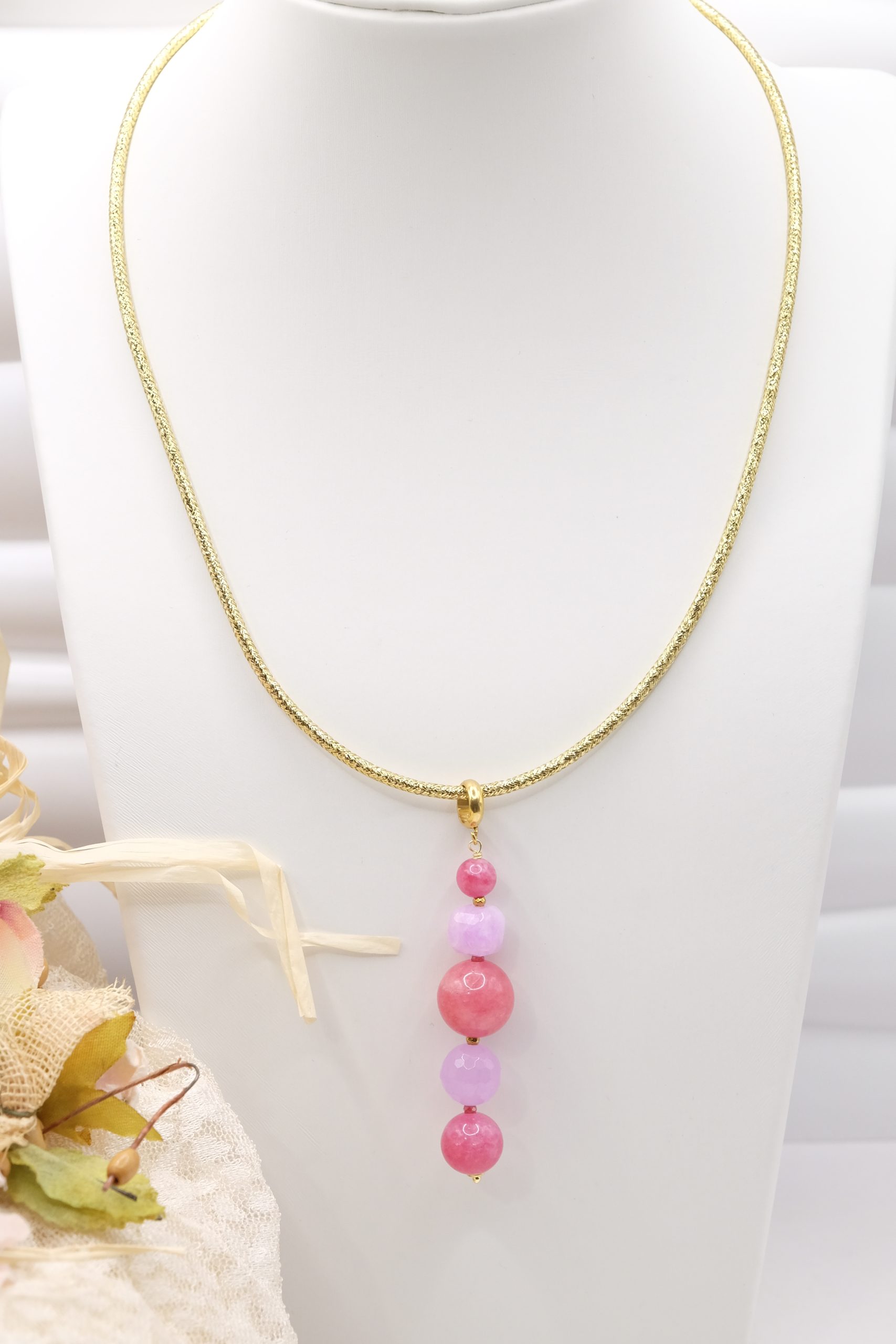PINK JADE TOURMALINE ZIRCONIA NECKLACE HANDMADE MAGNETIC COLLAR (2)
