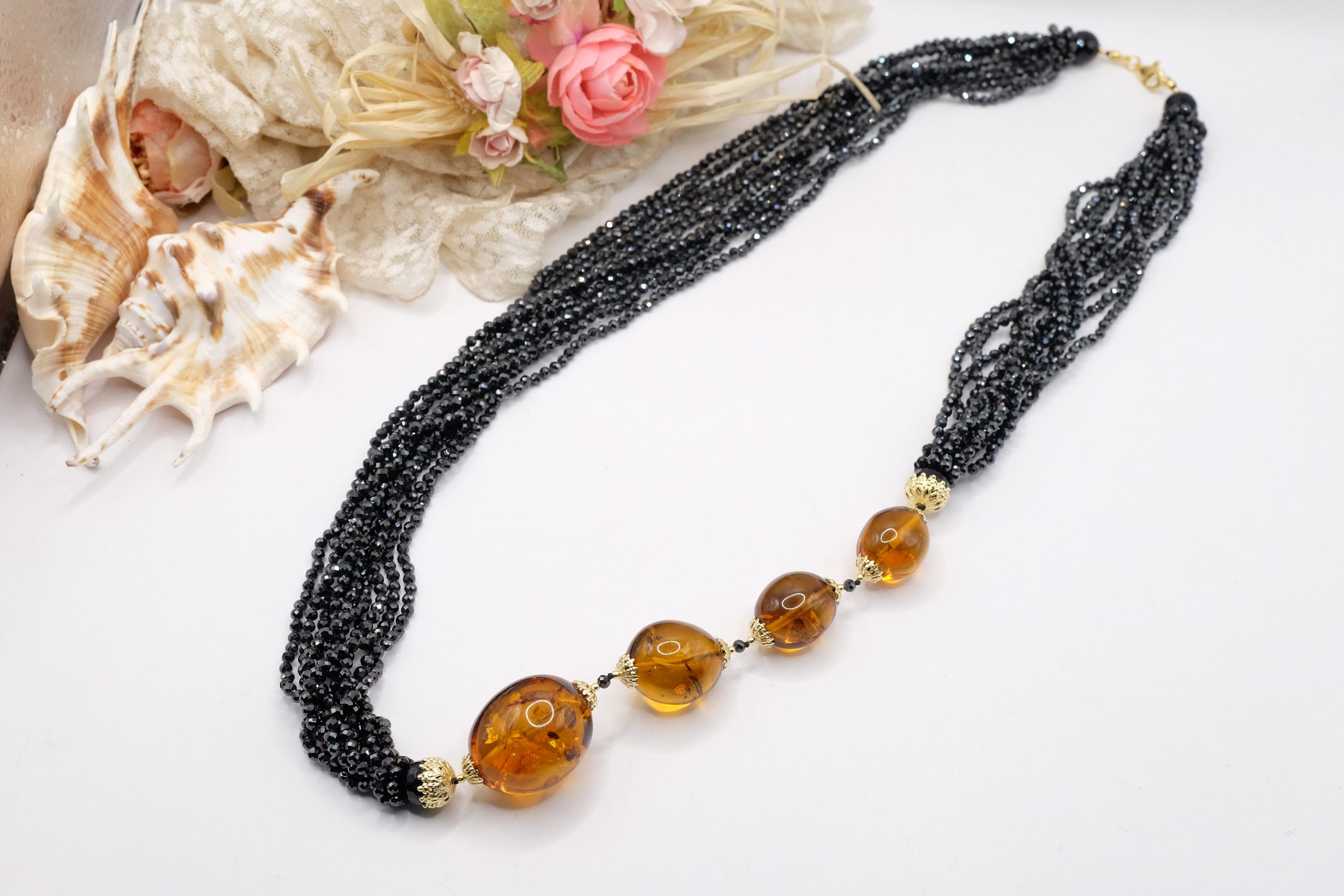 COLLANA ZIRCONI NERI AMBRA ARGENTO 925 ARTIGIANALE LUNGA (1)