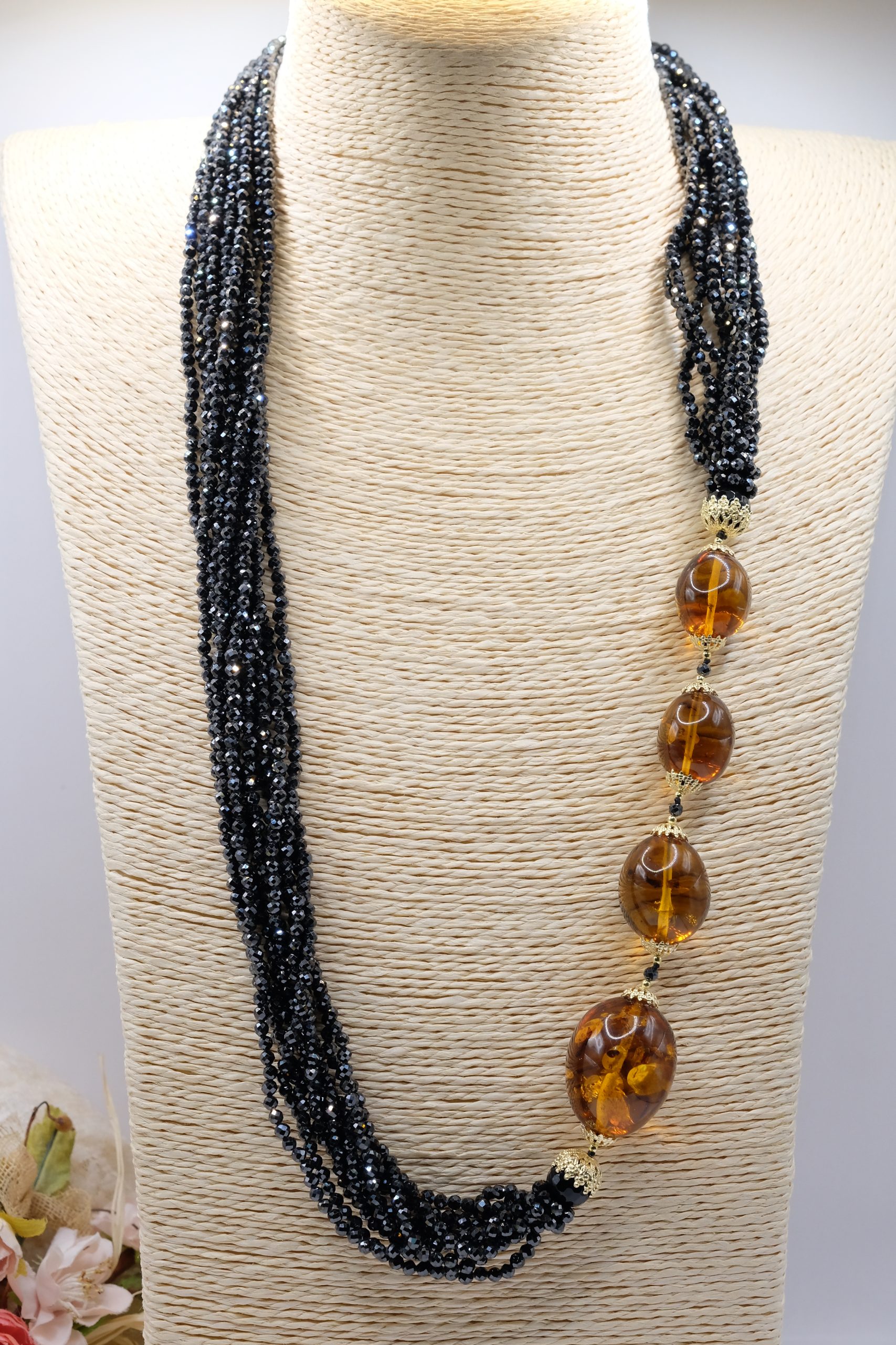 COLLANA ZIRCONI NERI AMBRA ARGENTO 925 ARTIGIANALE LUNGA (2)