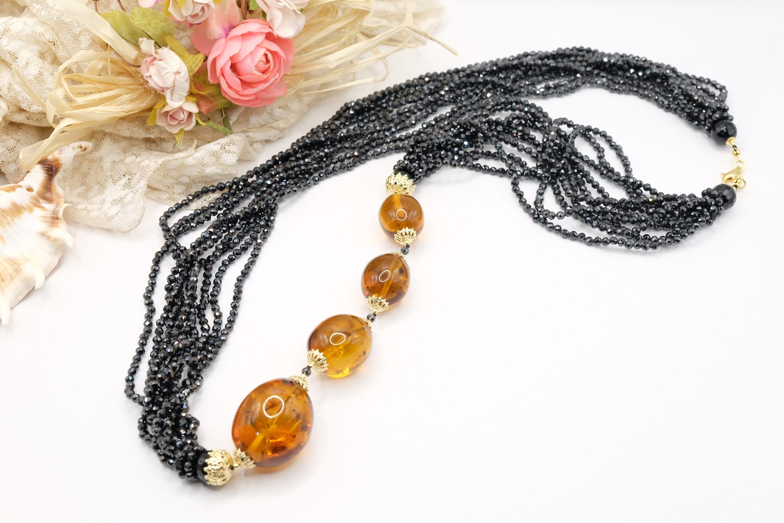 COLLANA ZIRCONI NERI AMBRA ARGENTO 925 ARTIGIANALE LUNGA (6)