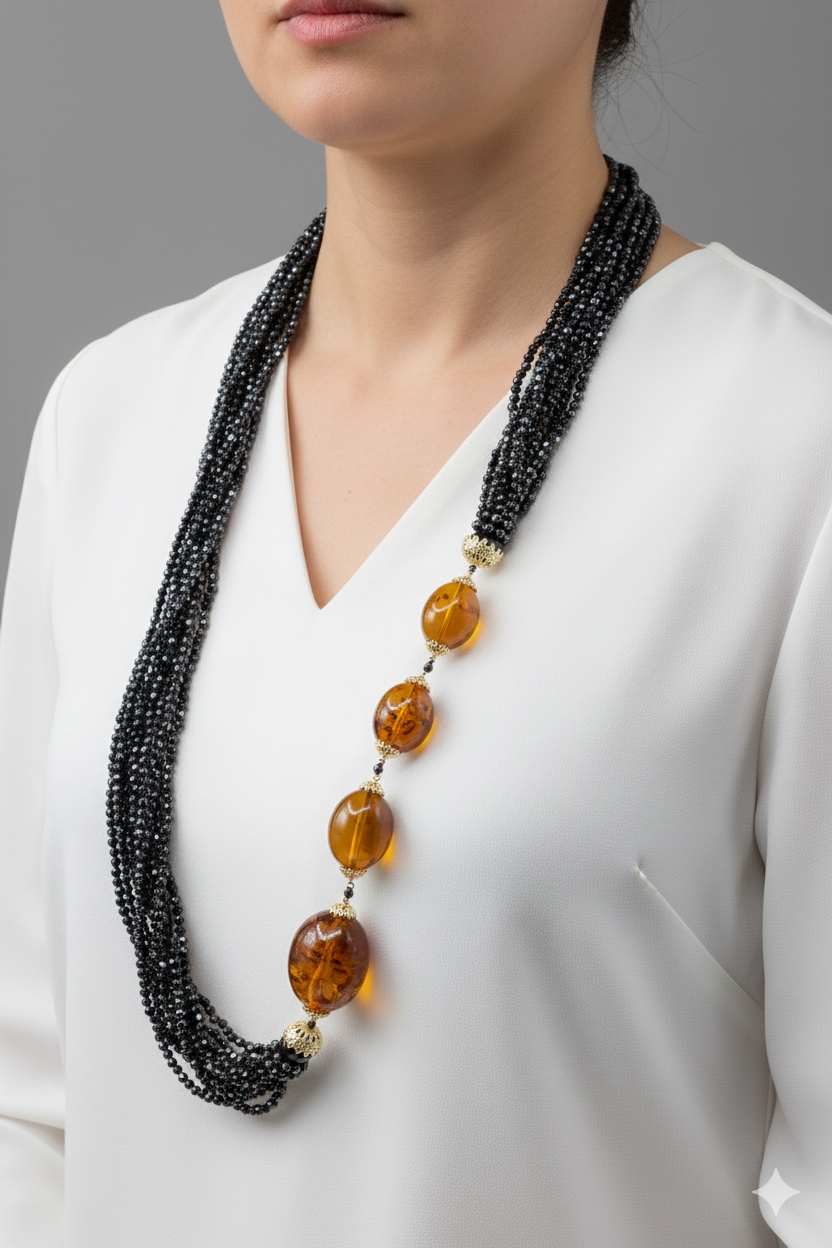 COLLANA ZIRCONI NERI AMBRA ARGENTO 925 ARTIGIANALE LUNGA