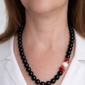 Collana Onice Corallo del Mediterraneo e Perla Naturale