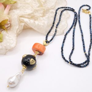 Collana Artigianale Ciondolo Nepalese Chanel Cristalli Corallo Perla