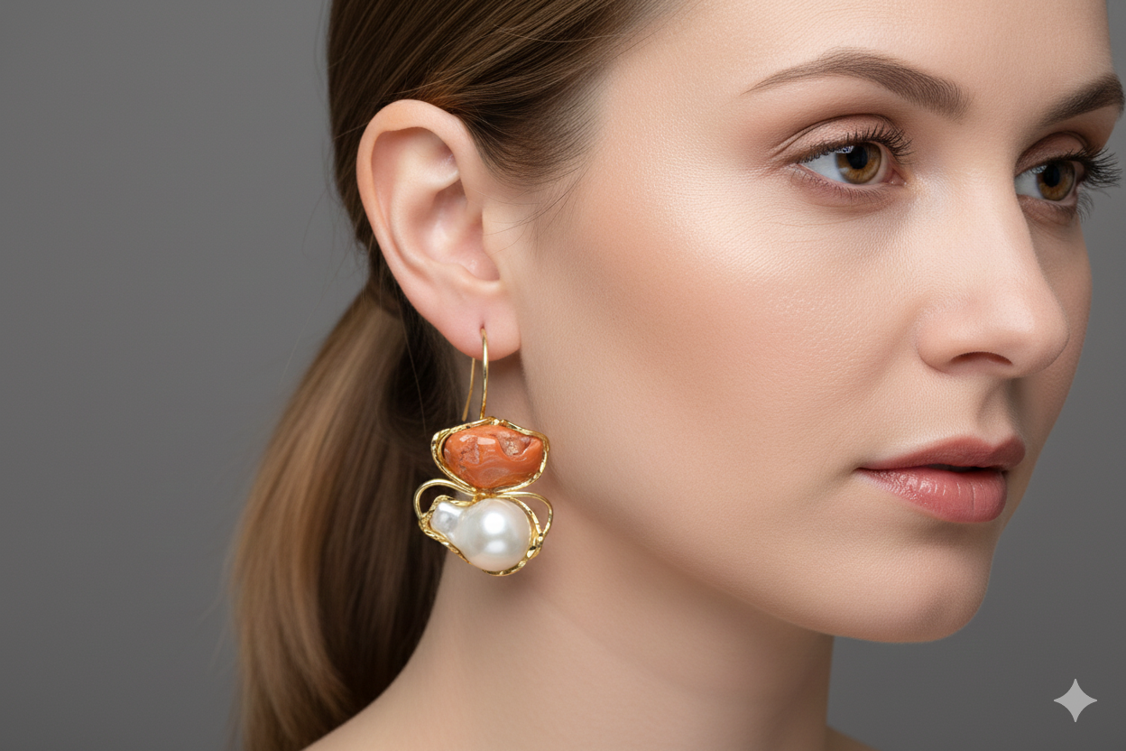 Handcrafted Monk Earring with Chunky Pearls and Mediterranean Coral in Gold-Plated Silver