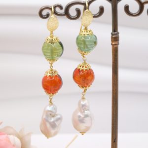 Orecchini Pendenti Ambra del Baltico Verde Cognac Argento 925