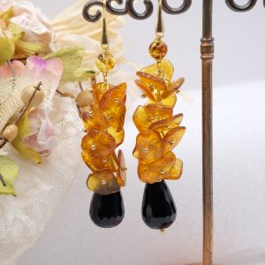 Orecchini Super Lunghi Ambra Onice Argento