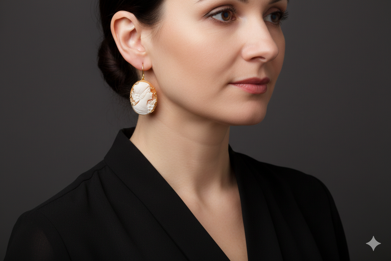 HANDMADE CAMEO EARRINGS FROM TORRE DEL GRECO IN GOLD PLATED SILVER