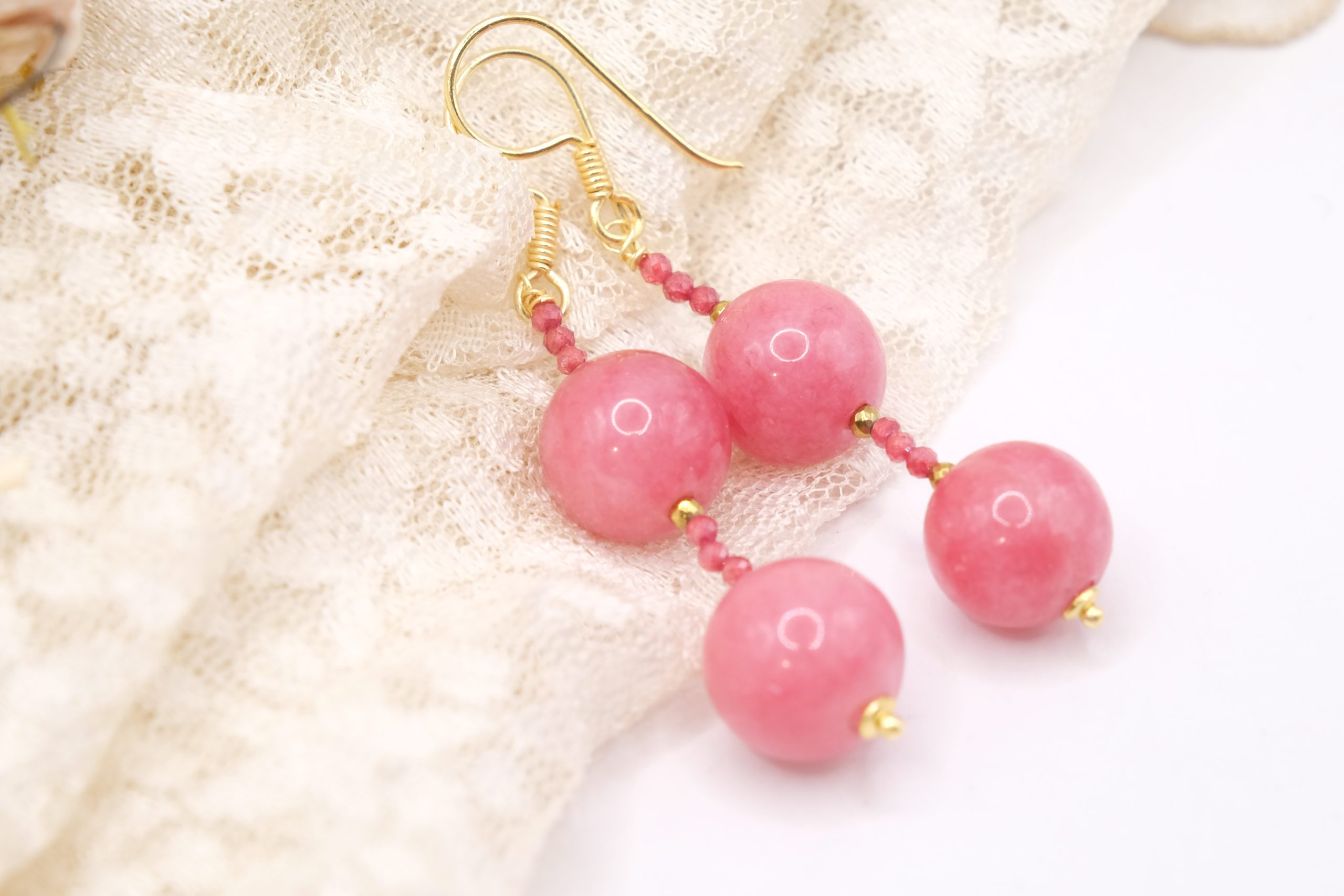 HANDMADE PINK JADE EARRINGS WITH ZIRCONIA AND BRASS (3)