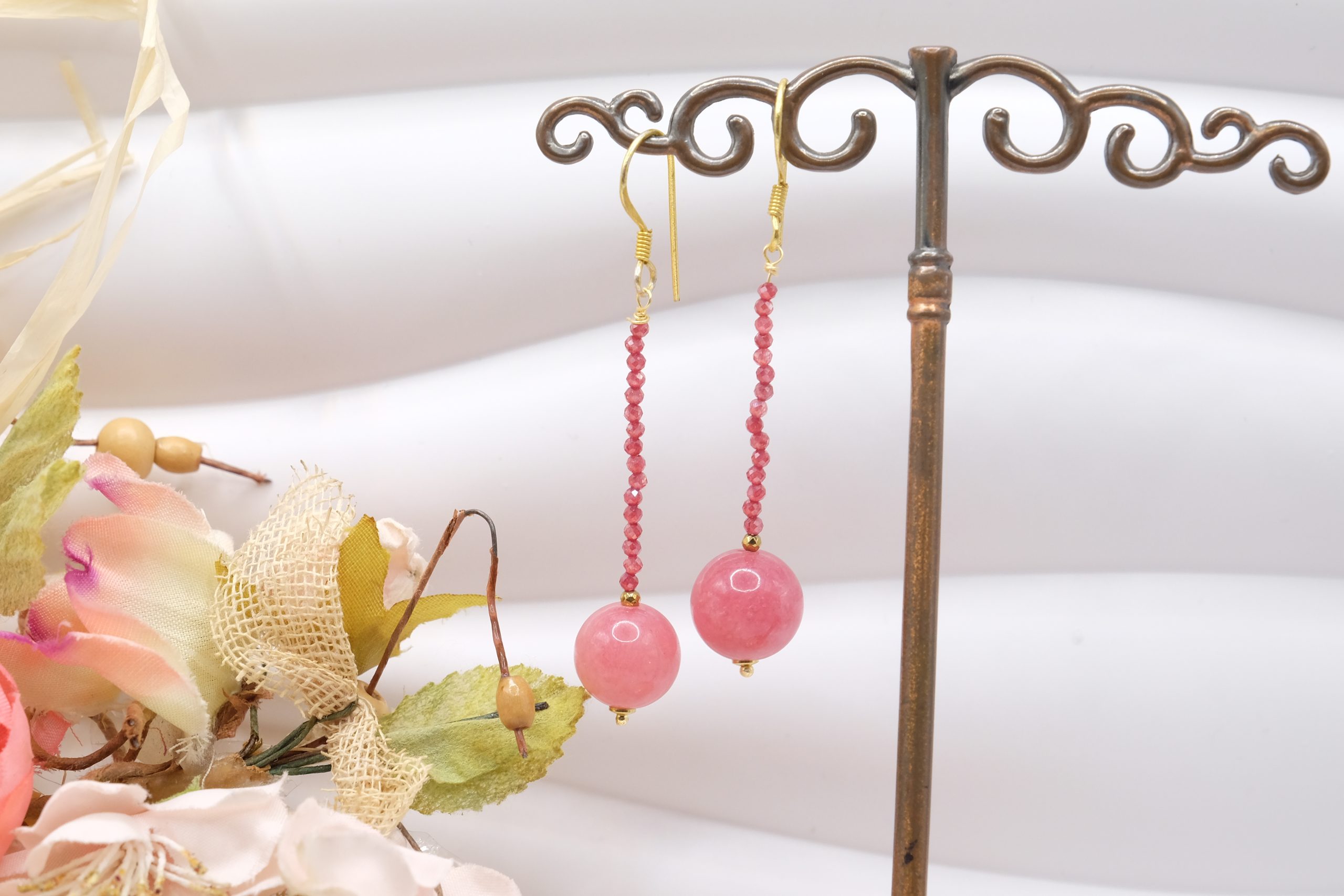 HANDMADE PINK JADE EARRINGS WITH PINK ZIRCONIA AND BRASS (1)