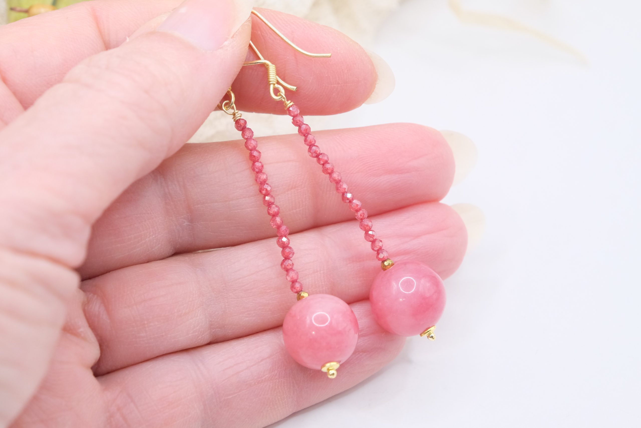 HANDMADE PINK JADE EARRINGS WITH PINK ZIRCONIA AND BRASS (2)