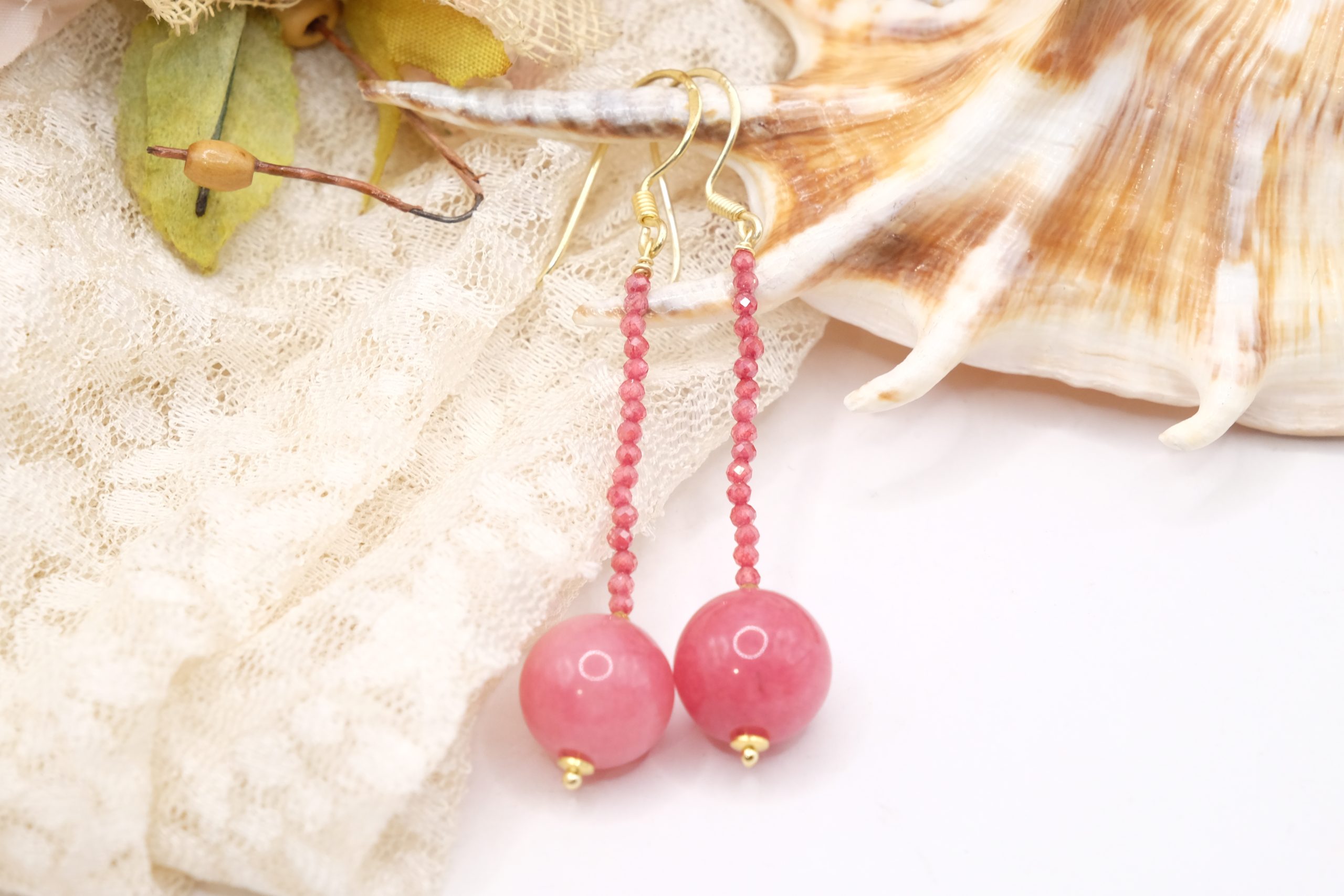 HANDMADE PINK JADE EARRINGS WITH PINK ZIRCONIA AND BRASS (3)