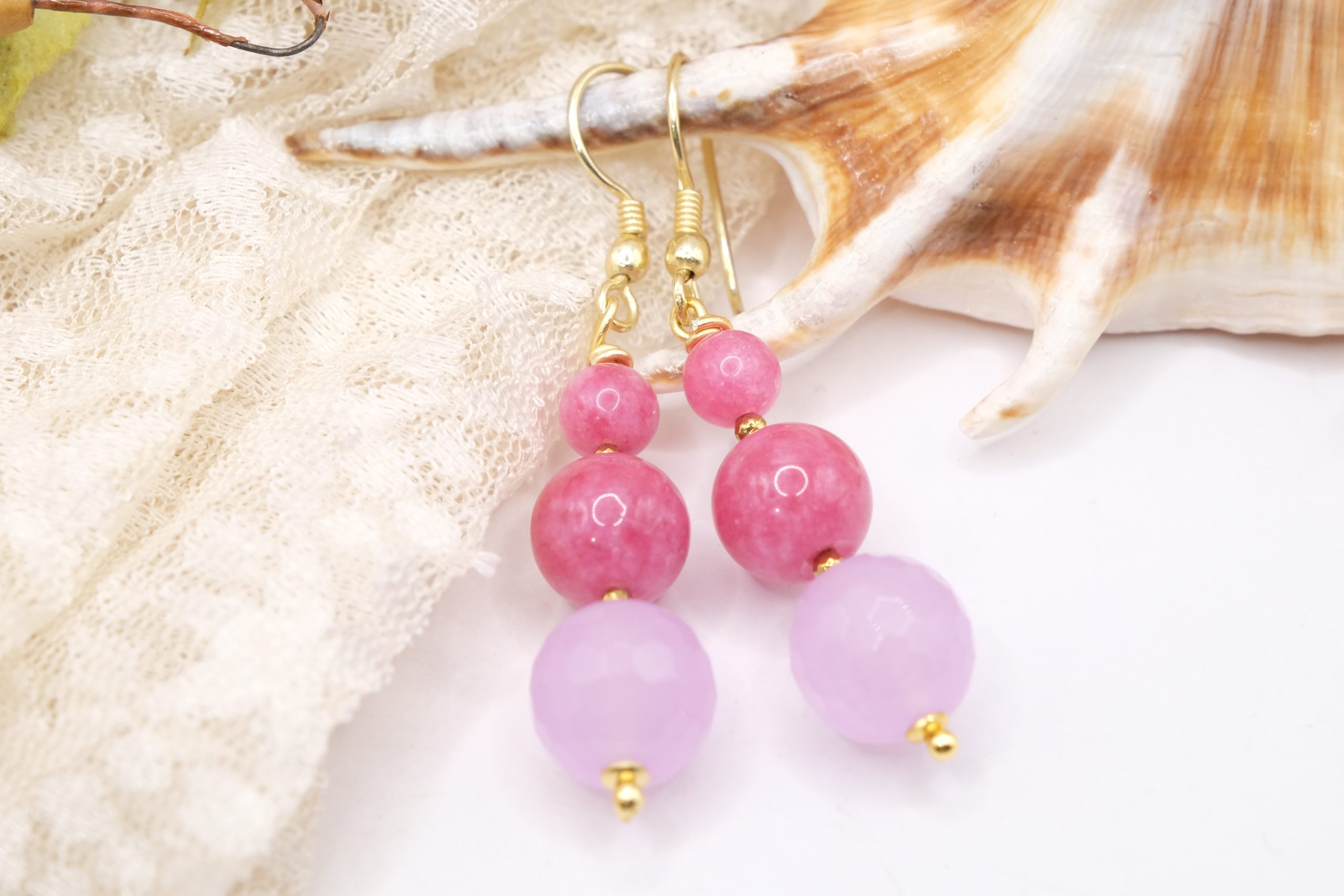 HANDMADE KUNZITE PINK JADE HEMATITE BRASS EARRINGS (1)