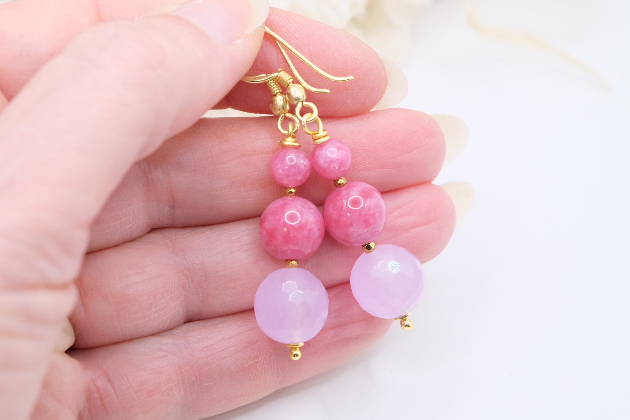HANDMADE KUNZITE PINK JADE HEMATITE BRASS EARRINGS (2)