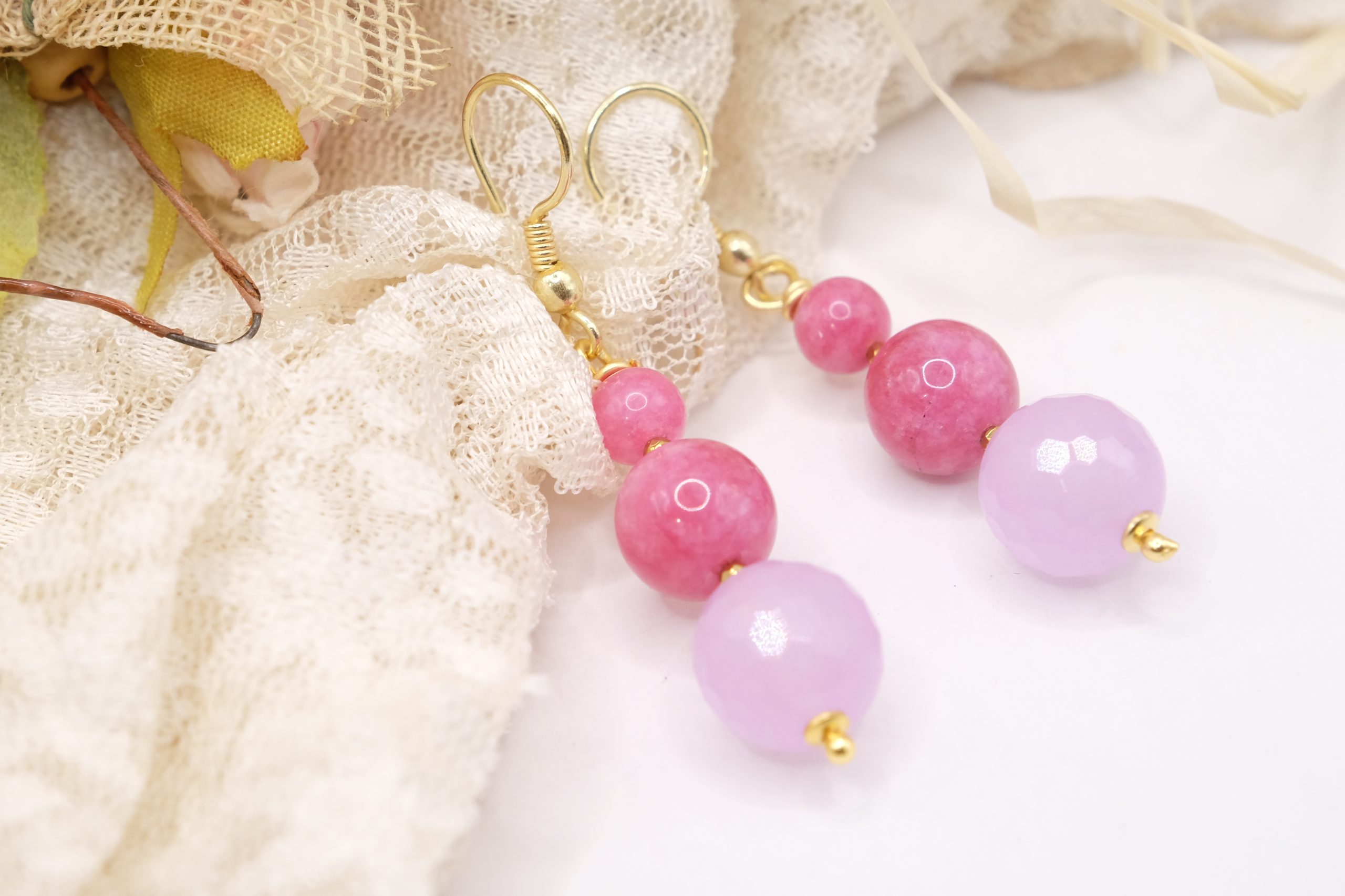 HANDMADE KUNZITE PINK JADE HEMATITE BRASS EARRINGS (3)