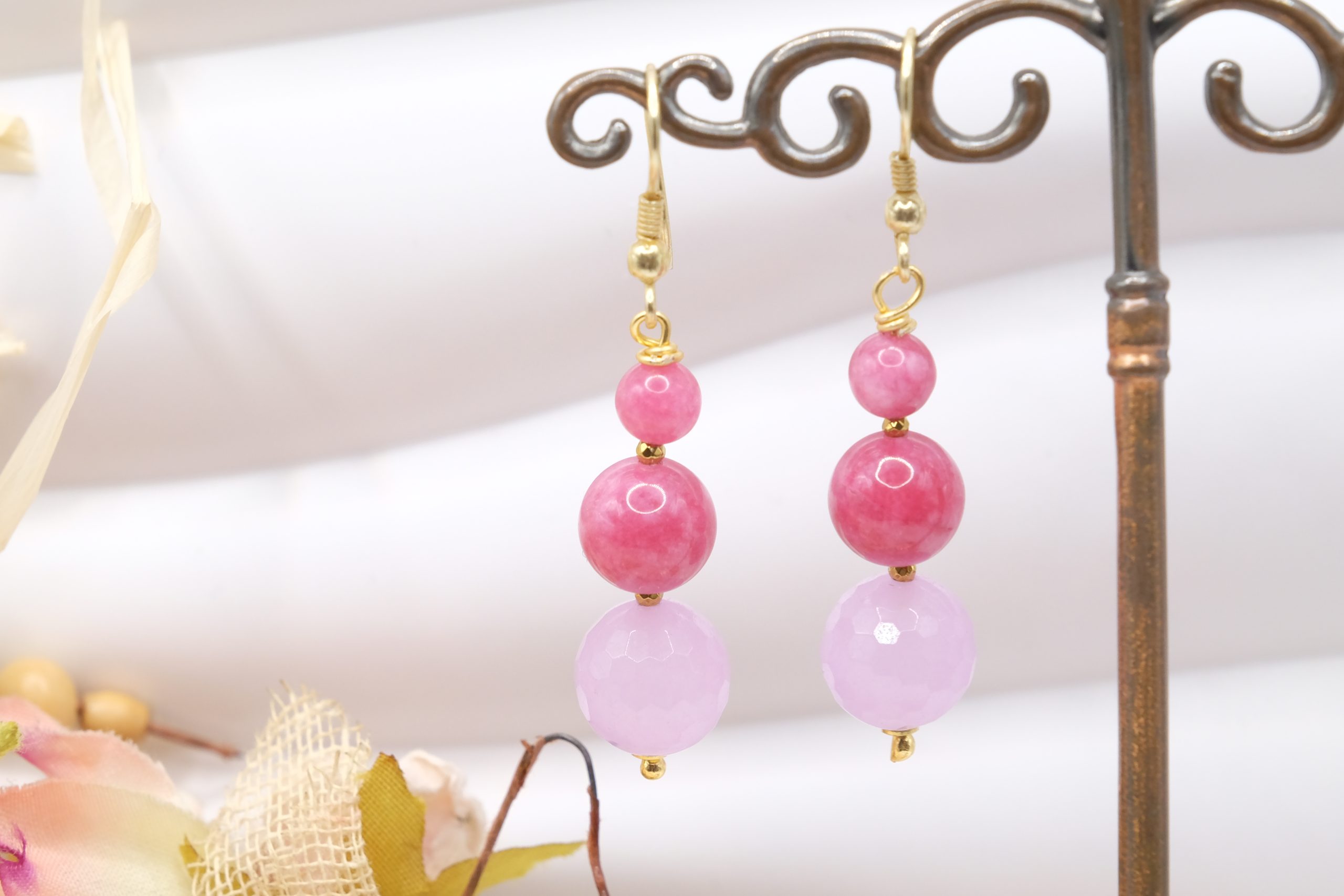 HANDMADE KUNZITE PINK JADE HEMATITE BRASS EARRINGS (5)