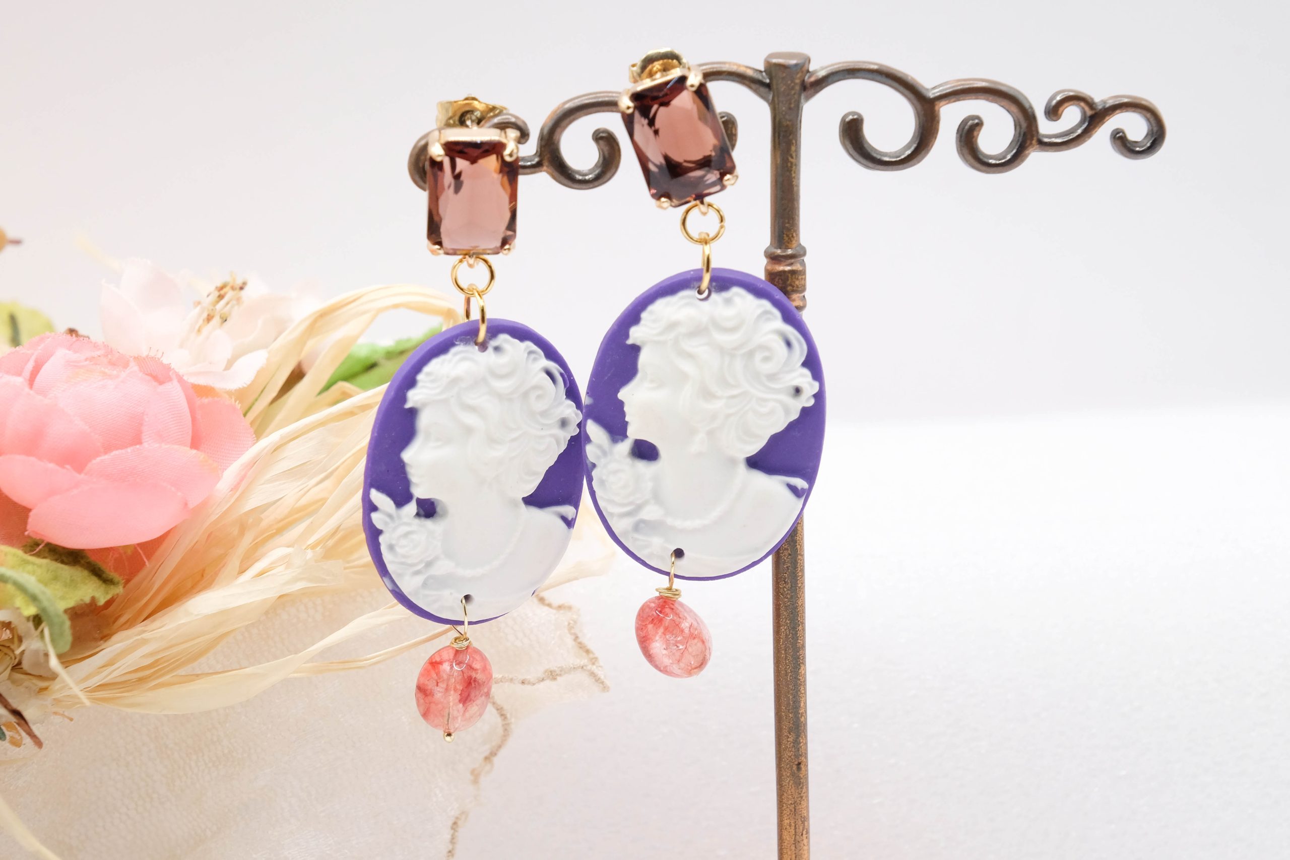 HANDMADE EARRINGS PURPLE RESIN TOURMALINE CRYSTALS (2)