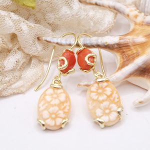 Orecchini Cammeo Torre del Greco Fiori Corallo Argento Dorato
