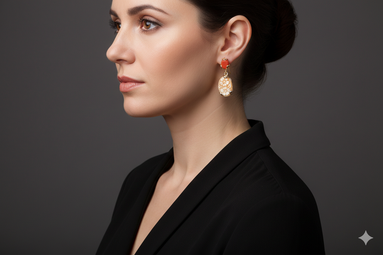 CAMEO EARRINGS FROM TORRE DEL GRECO WITH CORAL FLOWERS AND GILDED SILVER