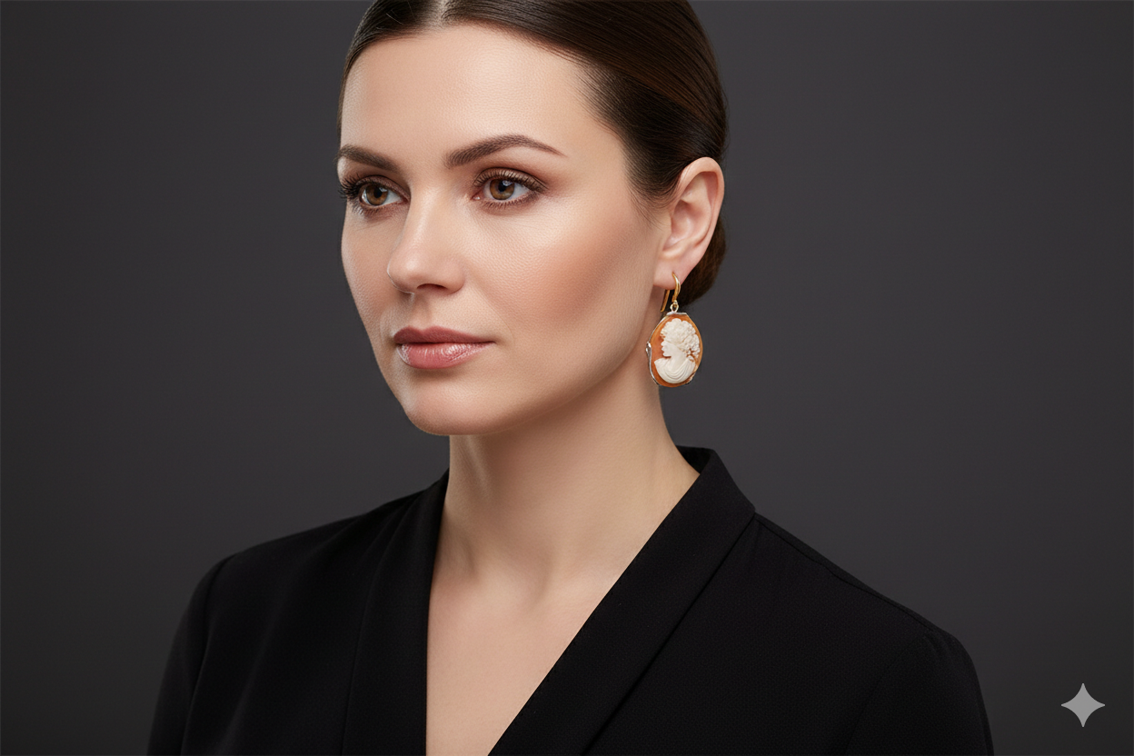 Modern Torre del Greco Lady Cameo Earrings in Rhodium Plated Silver