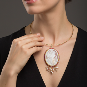 Ciondolo Pendente Cammeo Genuino Zirconi Rosa Perle