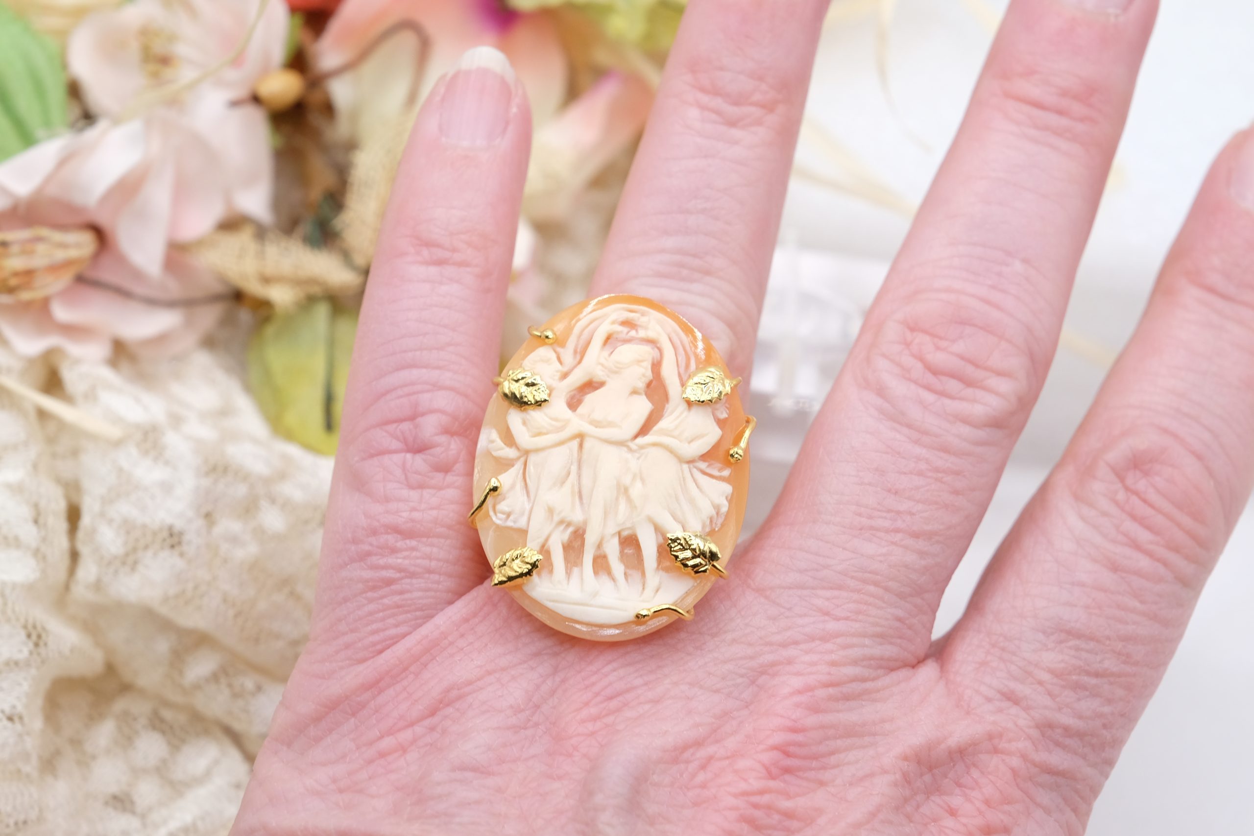 ANELLO CAMMEO DI TORRE DEL GRECO ARTIGIANALE ARGENTO 925 PLACCATO ORO TOP QUALITY LE TRE GRAZIE (1)