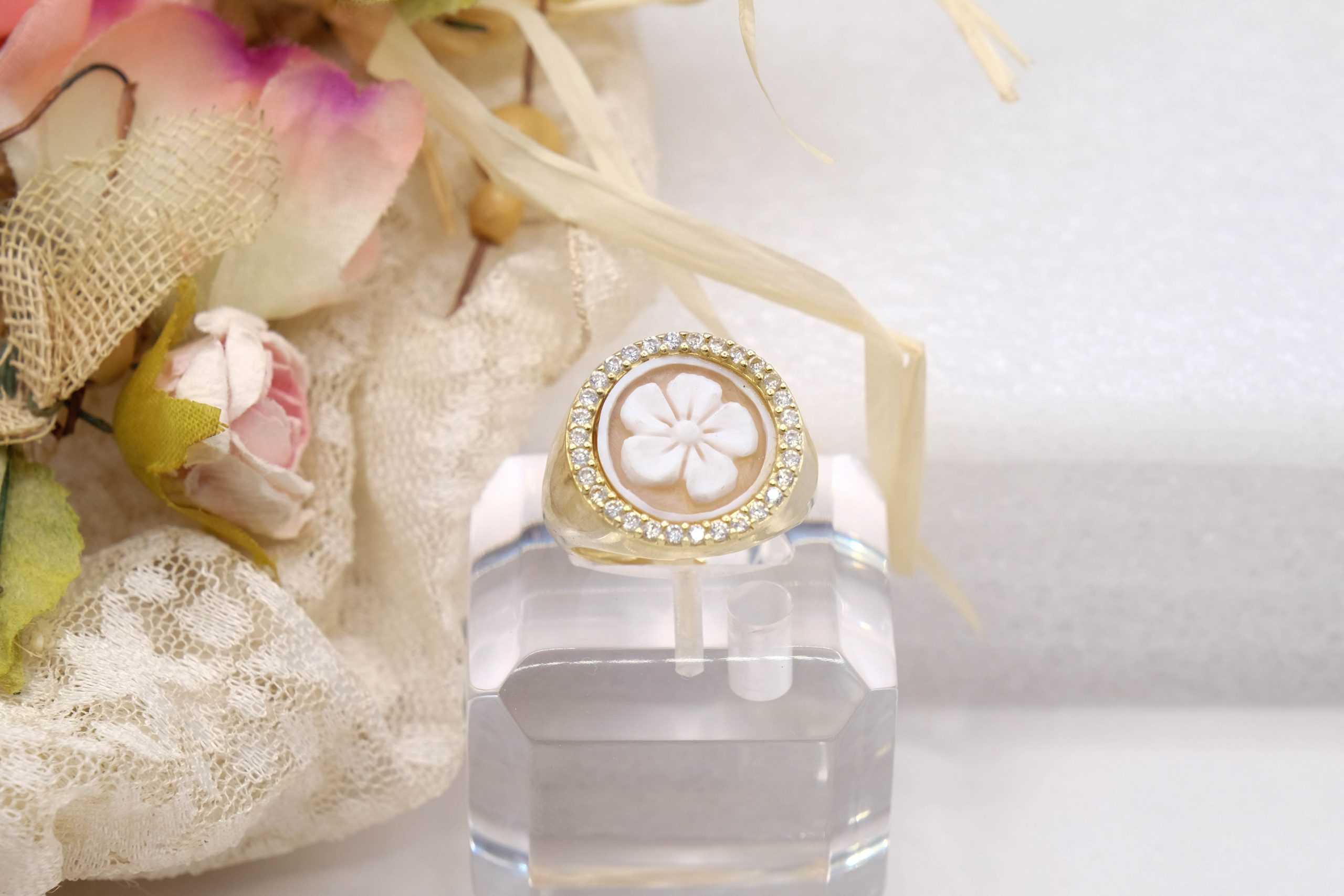 ANELLO CAMMEO ZIRCONI FIORE 5 PETALI ARGENTO 925 PLACCATO ORO CHIARO (2)