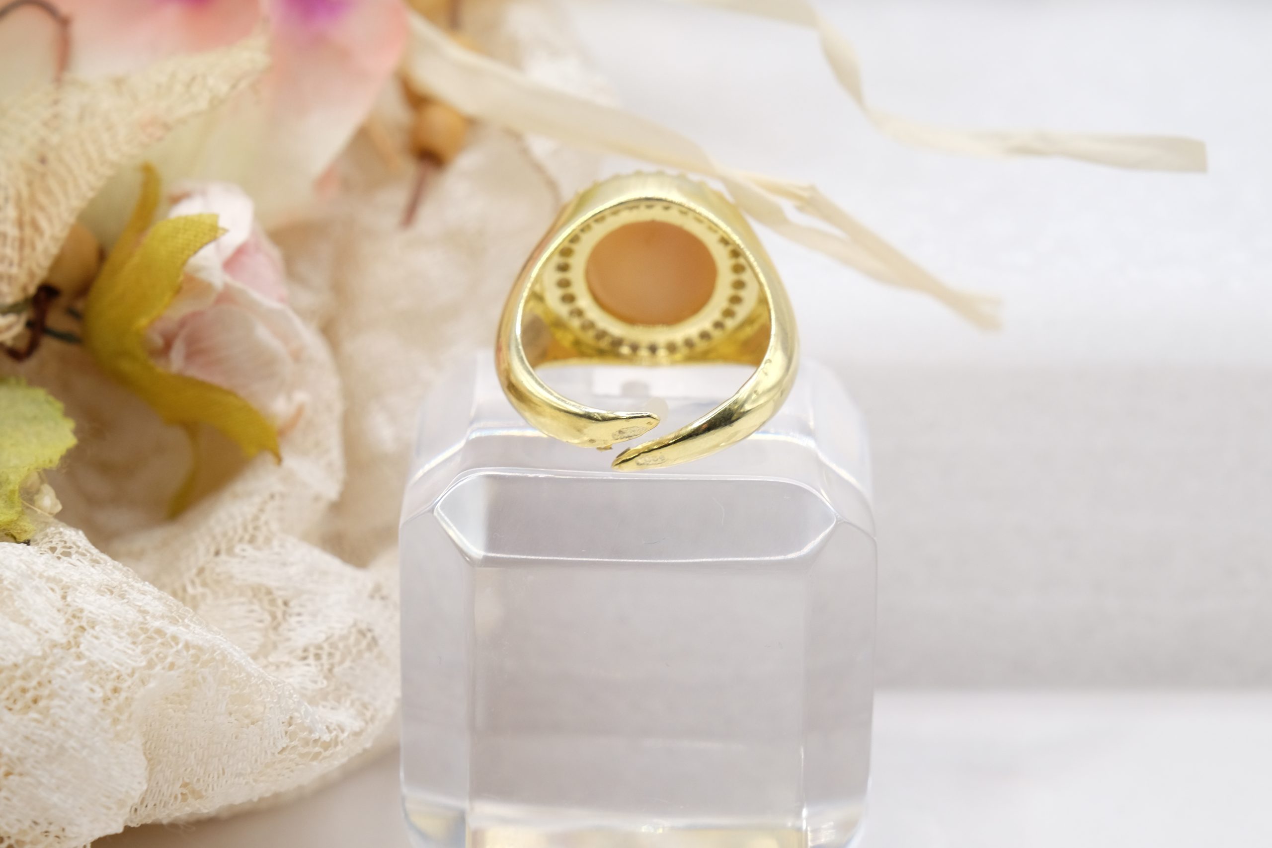 ANELLO CAMMEO ZIRCONI FIORE 8 PETALI ARGENTO 925 PLACCATO ORO CHIARO (4)