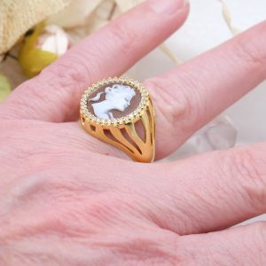 Anello Dama Cammeo di Torre del Greco e Zirconi Argento 925 Pl Oro