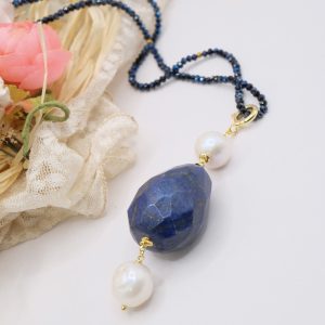 Collana Artigianale Ciondolo Chanel Cristalli Lapis Perla Argento